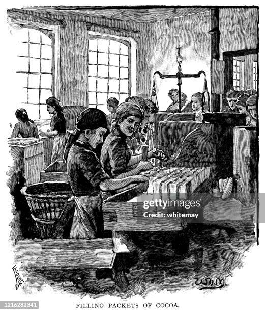 nineteenth century women filling packets with cocoa - chocolate packaging design stock illustrations