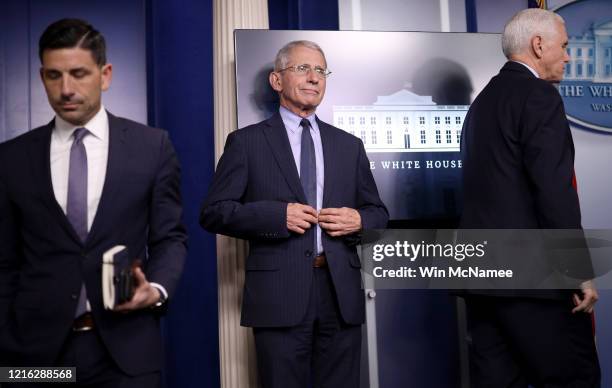 Dr. Anthony Fauci , director of the National Institute of Allergy and Infectious Diseases awaits the start of the daily briefing by the White House...