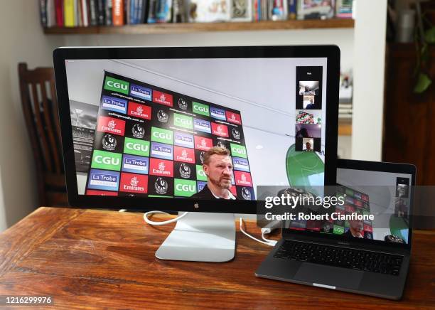 Collingwood Magpies AFL coach Nathan Buckley speaks to the media during a press conference held via Zoom on-line on April 02, 2020 in Melbourne,...