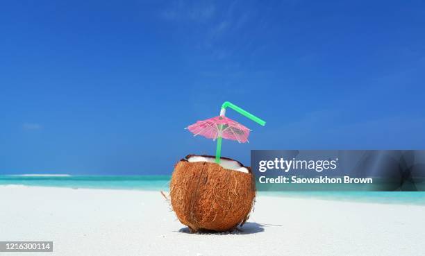 fresh coconut juice on the white sand with blue water and clear sky in the background in maldives - close-up shot - cold drink beach stock pictures, royalty-free photos & images