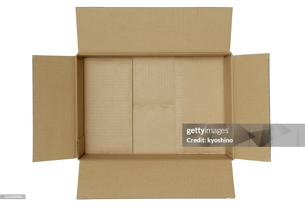 Isolated shot of opened blank cardboard box on white background