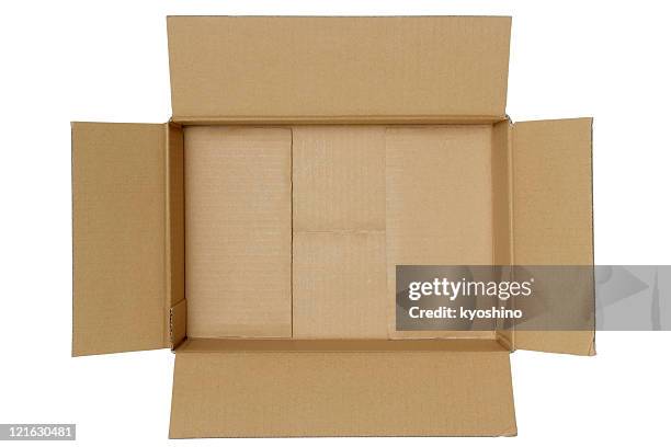 isolated shot of opened blank cardboard box on white background - corrugated cardboard stock pictures, royalty-free photos & images