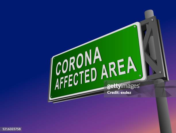 ilustraciones, imágenes clip art, dibujos animados e iconos de stock de corona señal de carretera de la zona afectada - stop sign pole
