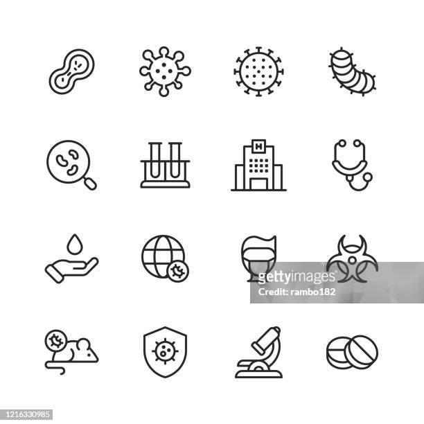 virus and disease line icons. editable stroke. pixel perfect. for mobile and web. contains such icons as bacterium, infection, disease, virus, cell, flu, research, pandemia, mouth. - epidemiology icon stock illustrations