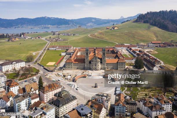 aerial view of the abbey in einsiedeln in canton schwyz in central switzerland - schwyz fotografías e imágenes de stock