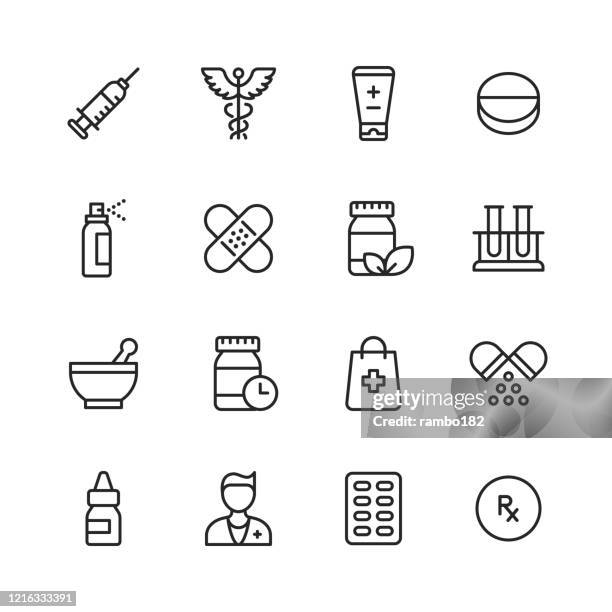 apotheke linie icons. bearbeitbarer strich. pixel perfekt. für mobile und web. enthält solche symbole wie apotheke, pille, kapsel, impfung, drogerie, schmerzmittel, rezept, spritze, arzt, krankenhaus - recreational drug stock-grafiken, -clipart, -cartoons und -symbole