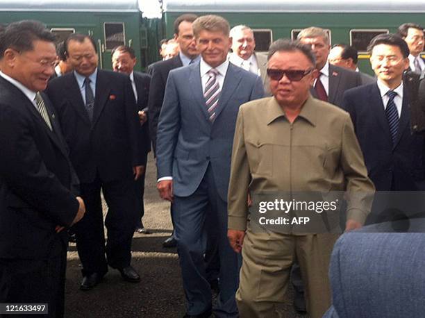 North Korean leader Kim Jong-Il walks along the station of Novobureisky on August 21 175 kilometers east from the town of Blagoveshchensk. Kim...