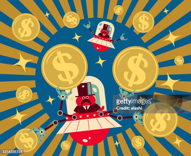 bizarre funny alien on ufo (ufo catcher) catches dollar sign currency coins - claw machine stock illustrations