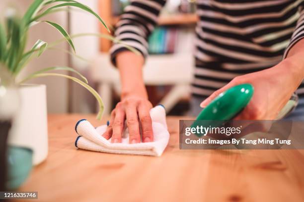 close-up of woman hands cleaning the surface of a table with disinfectant spray & cloth at home - rag stock pictures, royalty-free photos & images