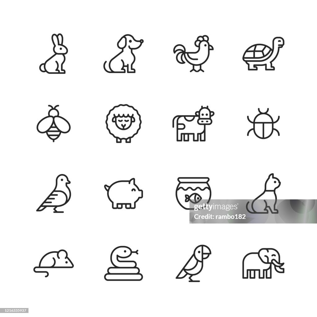 動物のラインアイコン。編集可能なストローク。ピクセルパーフェクト。モバイルとウェブ用。ウサギ、ウサギ、ウサギ、犬、鶏、カメ、ビー、羊、牛、豚、猫、ヘビ、マウス、象、オウム�