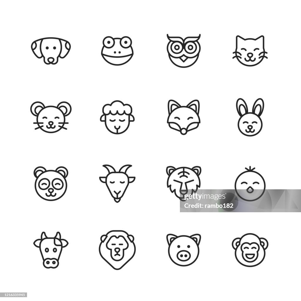 Animal Line Icons. Editable Stroke. Pixel Perfect. For Mobile and Web. Contains such icons as Dog, Frog, Owl, Bird, Cat, Kitten, Mouse, Sheep, Fox, Bunny, Panda, Goat, Lion, Tiger, Chick, Cow, Pig, Monkey.