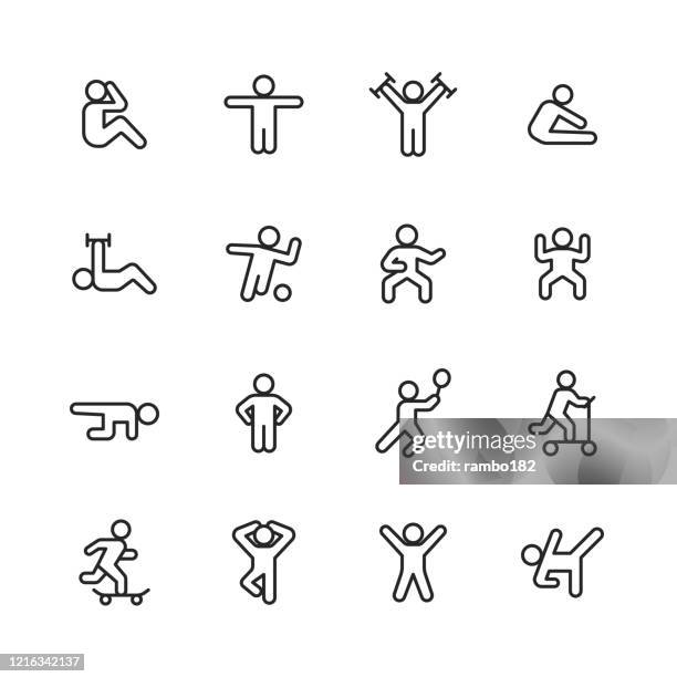 exercising line icons. editable stroke. pixel perfect. for mobile and web. contains such icons as exercising, running, cycling, yoga, weightlifting, stretching, soccer, football, tennis, basketball, fighting, aerobics, bodybuilding, walking. - open water swimming stock illustrations