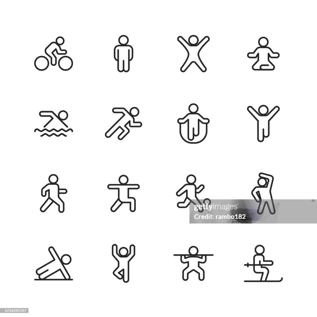 Exercising Line Icons. Editable Stroke. Pixel Perfect. For Mobile and Web. Contains such icons as Exercising, Running, Cycling, Yoga, Weightlifting, Stretching, Soccer, Football, Tennis, Basketball, Fighting, Aerobics, Bodybuilding, Walking.