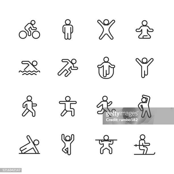exercising line icons. editable stroke. pixel perfect. for mobile and web. contains such icons as exercising, running, cycling, yoga, weightlifting, stretching, soccer, football, tennis, basketball, fighting, aerobics, bodybuilding, walking. - competition stock illustrations