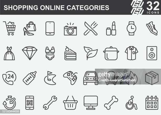 illustrazioni stock, clip art, cartoni animati e icone di tendenza di icone della linea delle categorie online per lo shopping - fare spese