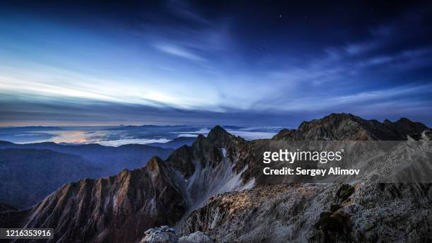 aerial landscape of japan alps at night - kamikochi national park stock pictures, royalty-free photos & images
