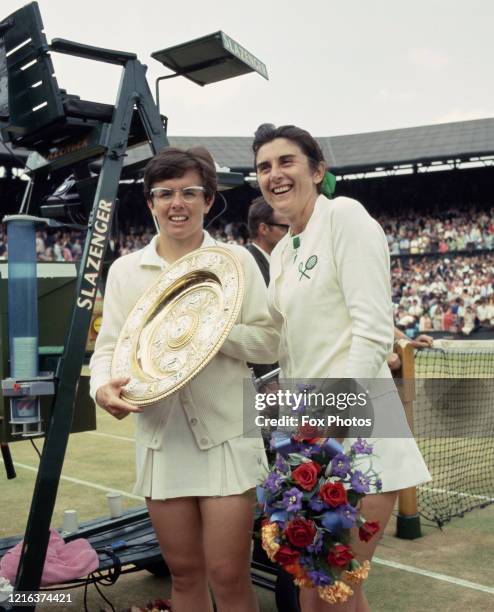 Billie Jean King of the United States holds the Venus Rosewater Dish after defeating Judy Tegart Dalton of Australia in the Women's Singles Final...