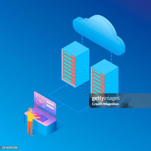 cloud server big data storage and user identification, protected data - data center isometric stock illustrations
