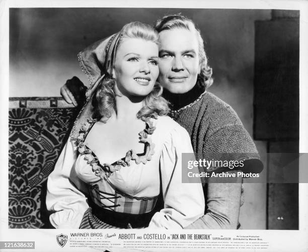 Shaye Cogan is held by unidentified actor in a scene from the film 'Jack And The Beanstalk', 1952.