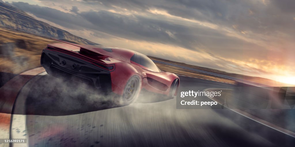 Generic Red Sports Car Drifting Around Racetrack Corner At Speed