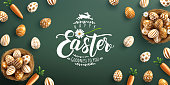 Easter poster and banner template with golden Easter eggs in the nest on green background.Greetings and presents for Easter Day in flat lay styling.Promotion and shopping template for Easter