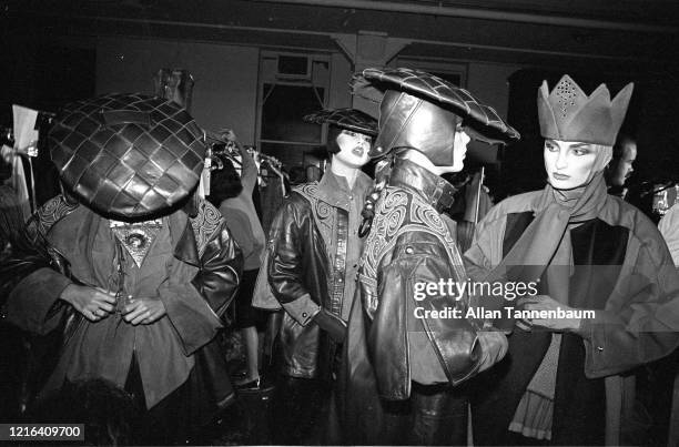 View of unidentified models backstage during the Claude Montana fashion show at Bond's , New York, New York, September 9, 1981.