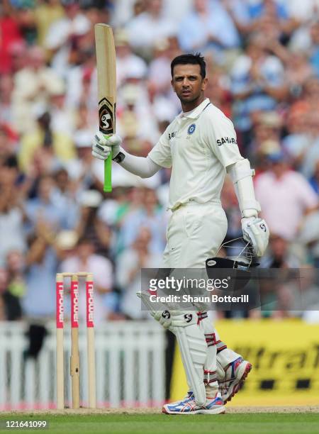 Rahul Dravid of India celebrates his century during day four of the 4th npower Test Match between England and India at The Kia Oval on August 21,...