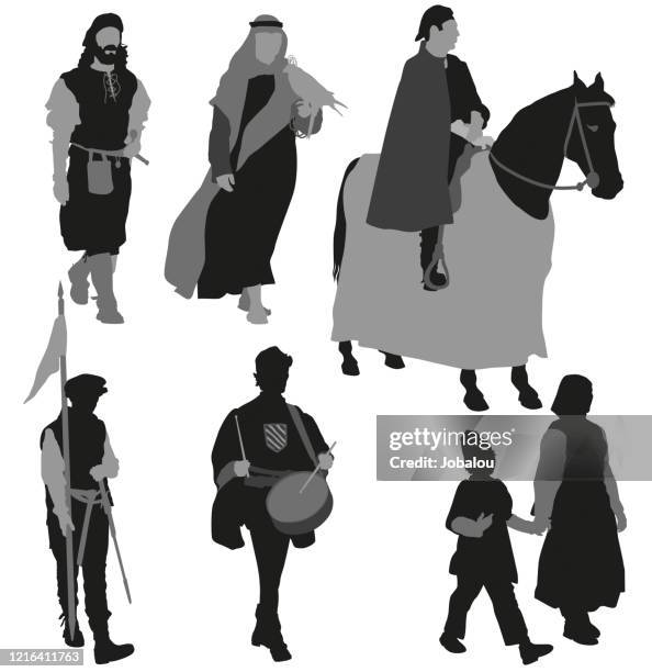 stockillustraties, clipart, cartoons en iconen met verscheidene middeleeuwse silhouetcijfers - middeleeuwse muziek en renaissancemuziek