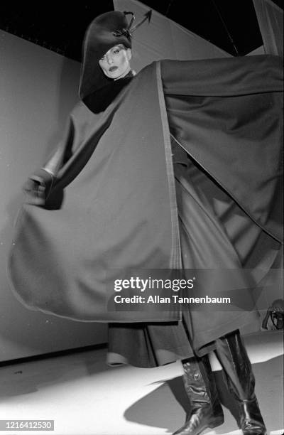 View of an unidentified model on the catwalk during the Claude Montana fashion show at Bond's , New York, New York, September 9, 1981.