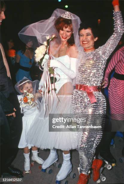 American business partners model Chantal Bacon and fashion designer Betsey Johnson celebrate their roller skating fashions at Inferno, New York, New...