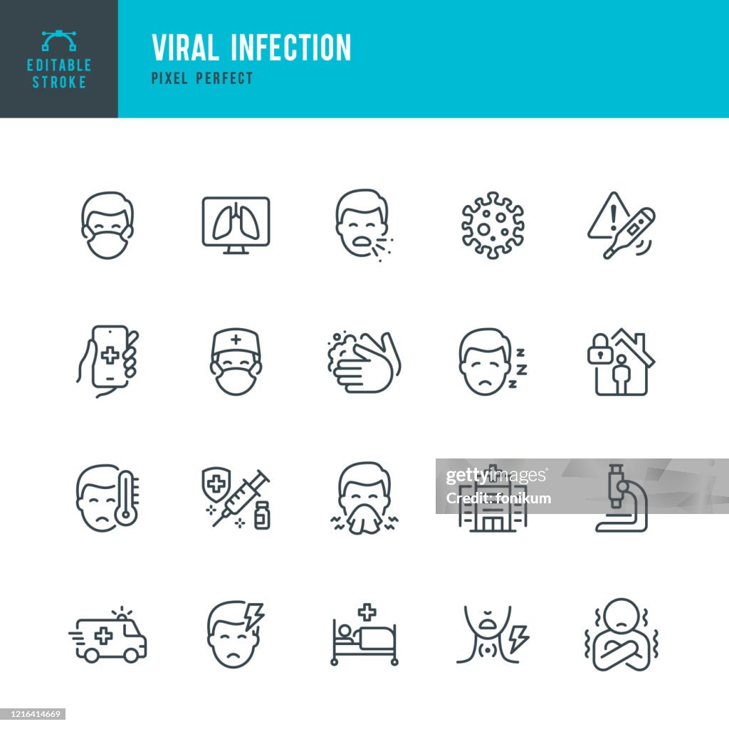 VIRAL INFECTION - Dünnlinien-Vektor-Symbol-Set. Pixel perfekt. Bearbeitbarer Strich. Das Set enthält Symbole: Coronavirus, Niesen, Husten, Arzt, Fieber, Quarantäne, Erkältung und Grippe, Gesichtsmaske, Impfung.