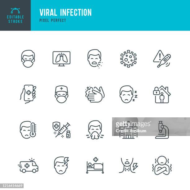 stockillustraties, clipart, cartoons en iconen met virale infectie - dunne lijn vector icoon set. pixel perfect. bewerkbare slag. de set bevat iconen: coronavirus, niezen, hoesten, arts, koorts, quarantaine, koude en griep, gezichtsmasker, vaccinatie. - infectious disease