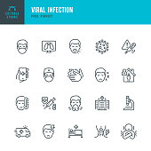 VIRAL INFECTION - thin line vector icon set. Pixel perfect. Editable stroke. The set contains icons: Coronavirus, Sneezing, Coughing, Doctor, Fever, Quarantine, Cold And Flu, Face Mask, Vaccination.