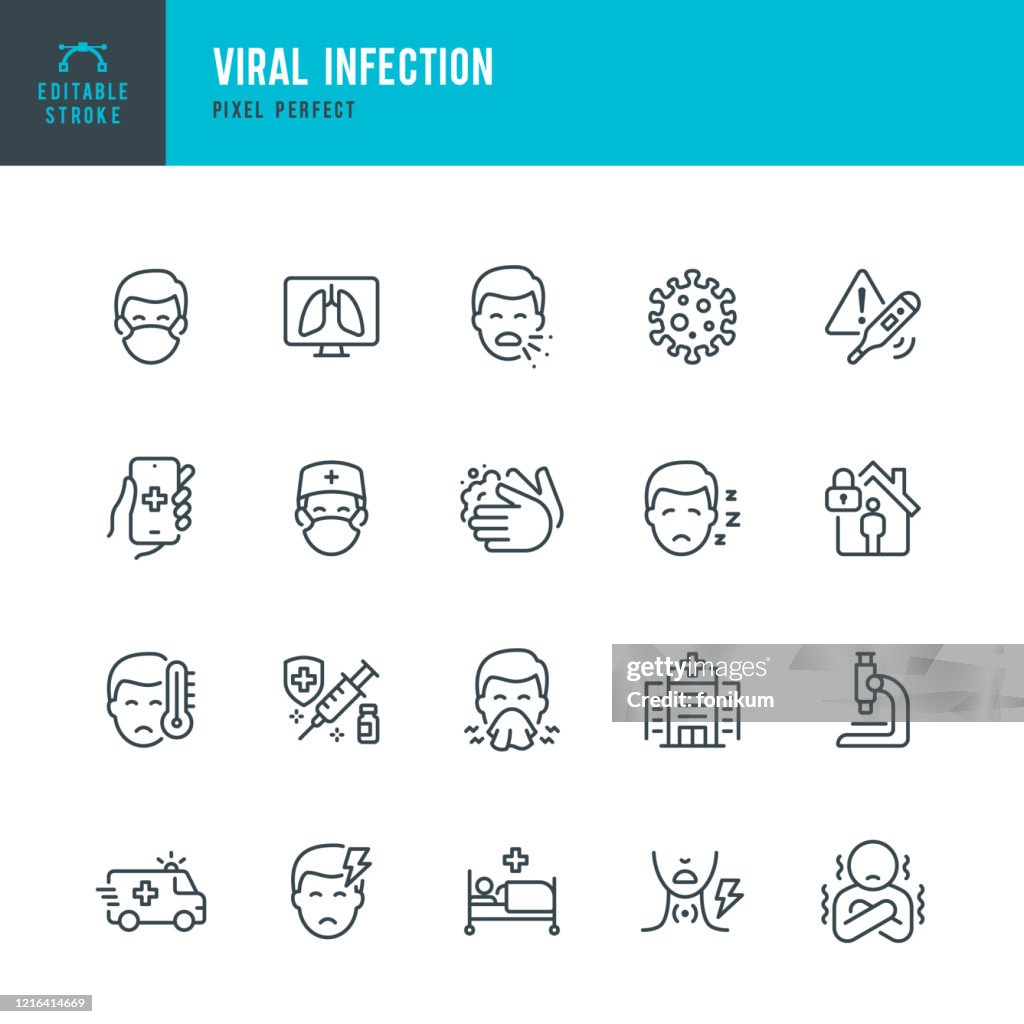 病毒感染 - 細線向量圖示集。圖元完美。可編輯筆劃。該集包含圖示: 冠狀病毒, 打噴嚏, 咳嗽, 醫生, 發燒, 檢疫, 感冒和流感, 面罩, 疫苗接種.