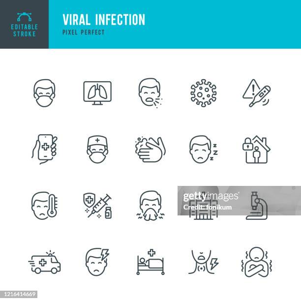 病毒感染 - 細線向量圖示集。圖元完美。可編輯筆劃。該集包含圖示: 冠狀病毒, 打噴嚏, 咳嗽, 醫生, 發燒, 檢疫, 感冒和流感, 面罩, 疫苗接種. - influenza 幅插畫檔、美工圖案、卡通及圖標