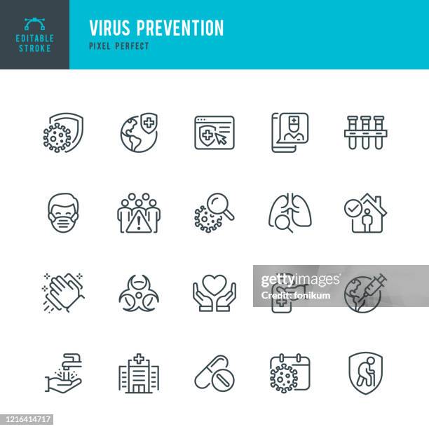 virus prävention - dünnlinien-vektor-symbol gesetzt. pixel perfekt. bearbeitbarer strich. das set enthält symbole: coronavirus, virus, quarantäne, impfung, biohazard symbol, hände waschen, soziale entfernung, gesichtsmaske. - virus stock-grafiken, -clipart, -cartoons und -symbole