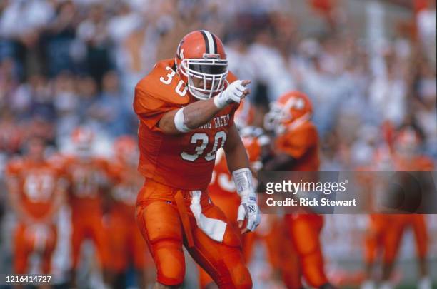 Vince Palko, Linebacker for the Bowling Green State Falcons points during the NCAA Mid-American Conference college football game against the Ball...