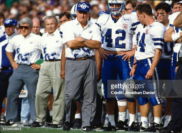LaVell Edwards, Head Coach for the Brigham Young University Cougars on the sideline during the NCAA Big Ten Conference college football game against...
