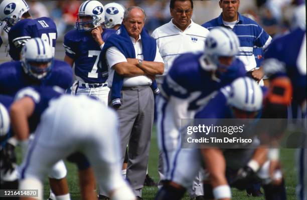 LaVell Edwards Head Coach for the Brigham Young University Cougars on the sideline during the NCAA Western Athletic Conference college football game...