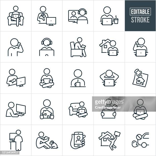 illustrazioni stock, clip art, cartoni animati e icone di tendenza di icone di linea sottile per il telelavoro - tratto modificabile - stare seduto