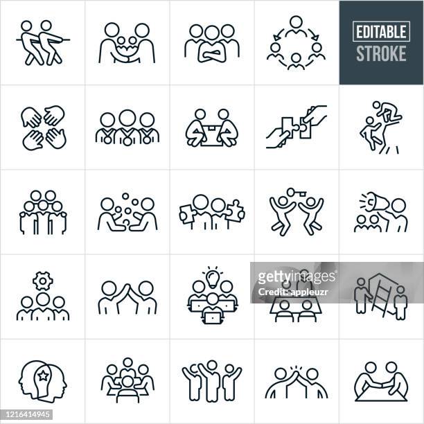 teamwork thin line icons - bearbeitbarer strich - team stock-grafiken, -clipart, -cartoons und -symbole