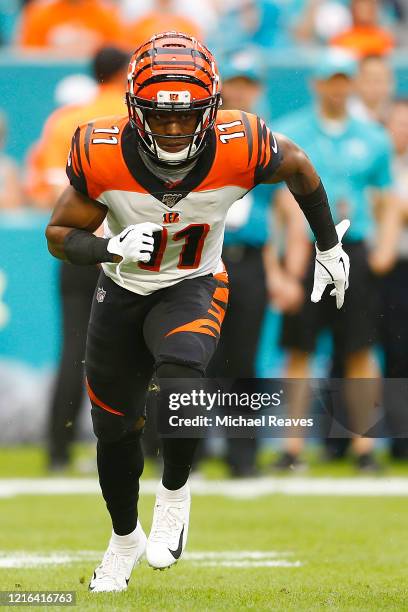 John Ross of the Cincinnati Bengals in action against the Miami Dolphins during the second quarter at Hard Rock Stadium on December 22, 2019 in...