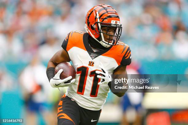 John Ross of the Cincinnati Bengals in action against the Miami Dolphins during the second quarter at Hard Rock Stadium on December 22, 2019 in...