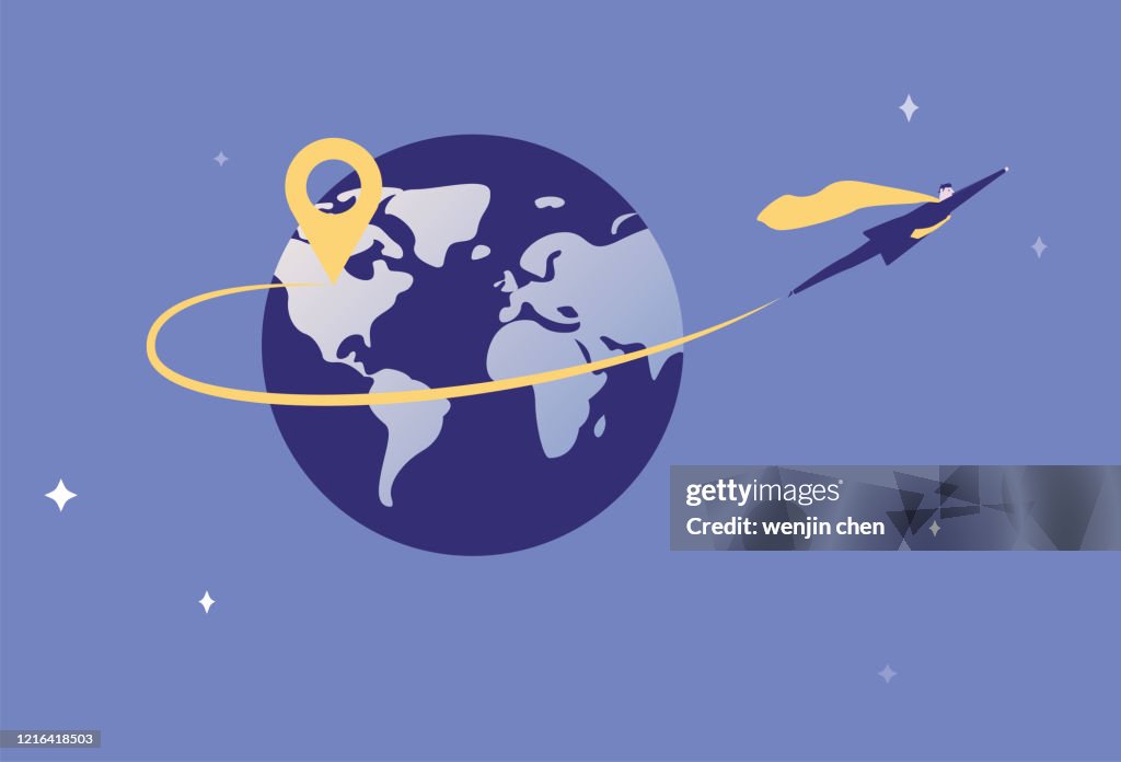 Superman is flying from Earth to space