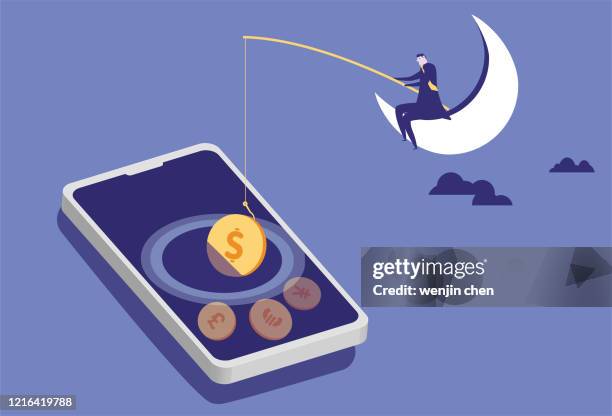 illustrazioni stock, clip art, cartoni animati e icone di tendenza di uomo d'affari seduto sulla luna pesca per soldi dal telefono cellulare - yuan symbol