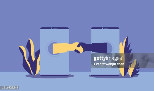 communicate and cooperate with mobile phone handshake - handshake blue background stock illustrations