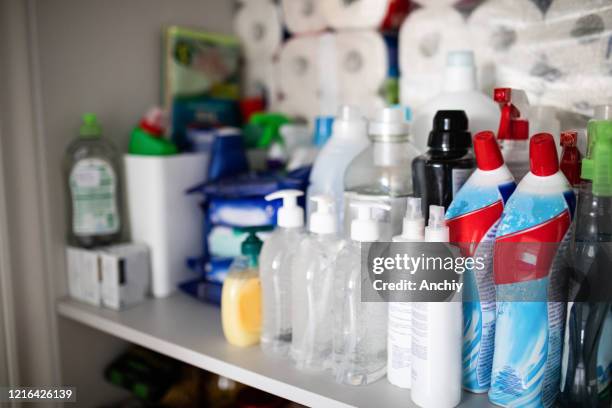 toilet paper and cleaning products hoarding concept - toiletries stock pictures, royalty-free photos & images