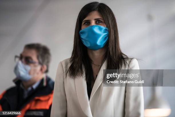 Chiara Appendino, the Mayor of Turin wears a face mask during on the first 21 volunteer reinforcement doctors for the hospitals in Piedmont following...