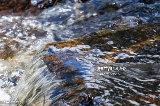 close-up of a running water in a stream in the spring in clear light - running water stock-fotos und bilder
