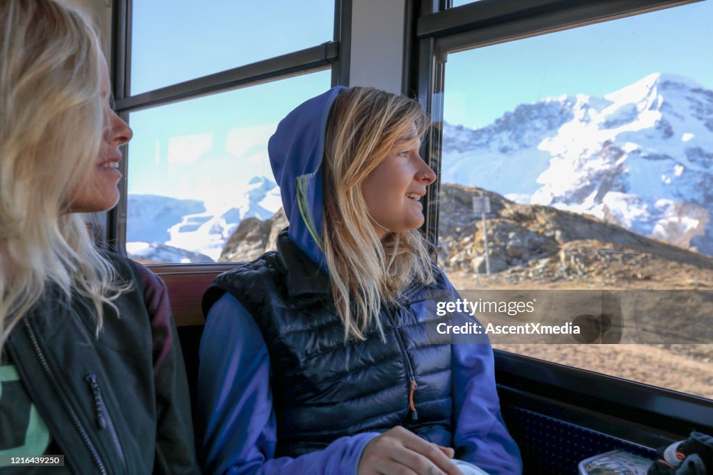 Female mountain bikers look out train window